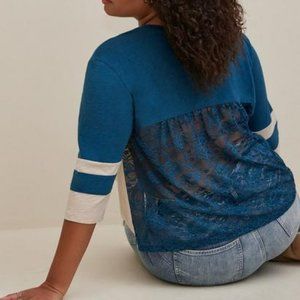 Cotton Jersey Lace Back Colorblock Varsity Stripe Tee